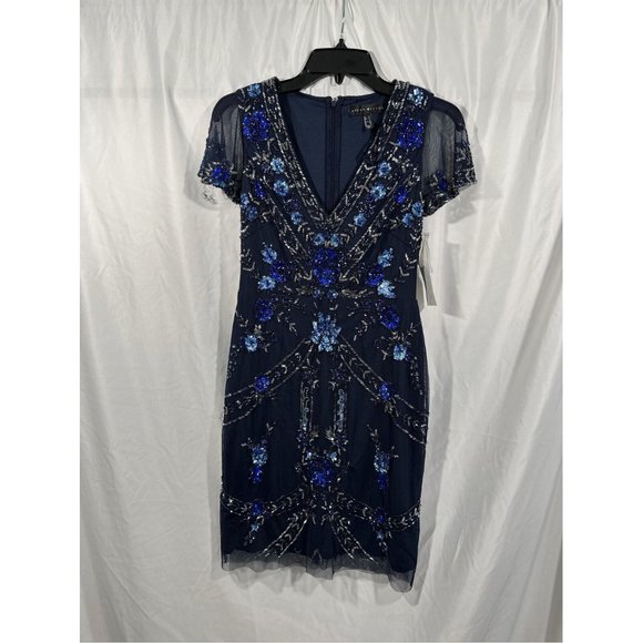 NWT $372 Aidan Mattox [ 0‎ ] Embellished V-Neck Cocktail Dress in Twilight BLUE - Picture 4 of 13